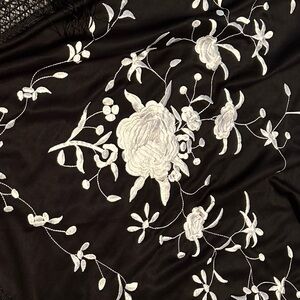 Black Embroidered Floral Fabric with White Roses